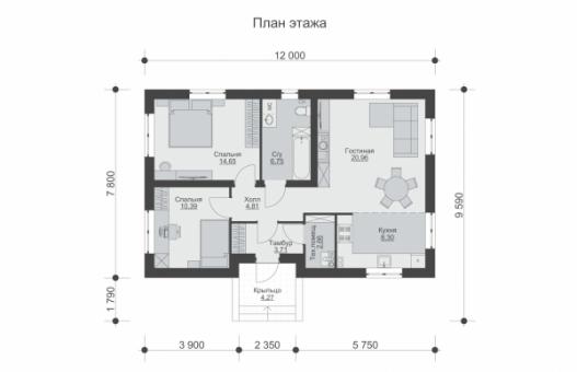 Одноэтажный дом с террасой, 2 спальнями и отделкой штукатуркой